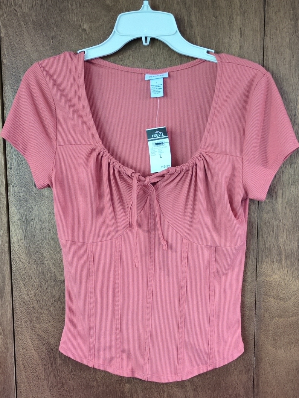 Rue21 Salmon Ribbed Tie-Front Short Sleeve Top Large NWT